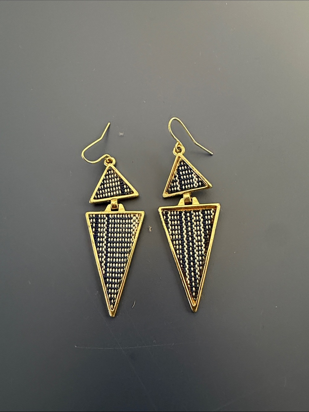 Gold and Black Geometric Fabric Inlaid Triangle Drop Earrings